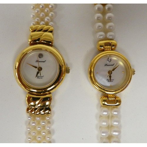 82 - Three ladies Guernsey gold plated and steel cased wristwatches, each pearl set   two boxed