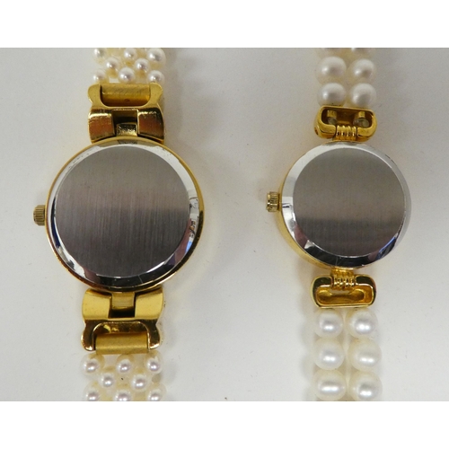 82 - Three ladies Guernsey gold plated and steel cased wristwatches, each pearl set   two boxed