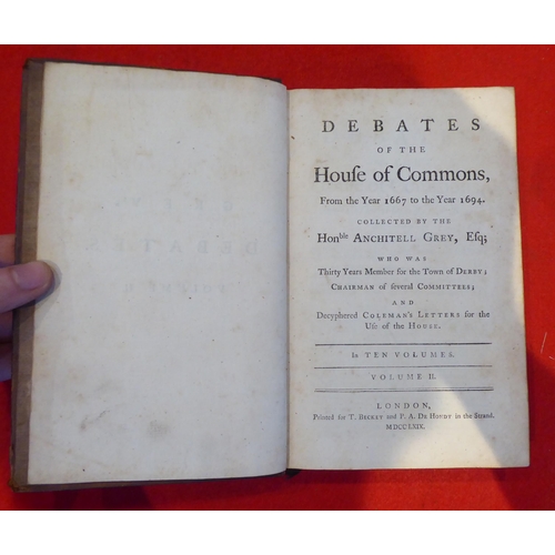 168 - Books: 'Debates of the House of Commons' from 1667-1694 by the Honourable Anchitell Grey  1764, six ... 