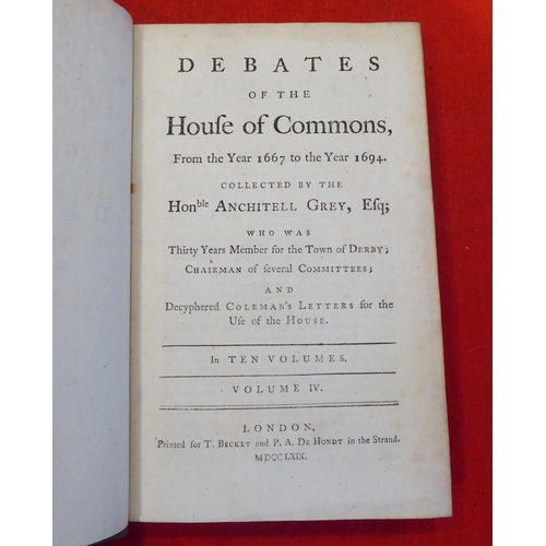 168 - Books: 'Debates of the House of Commons' from 1667-1694 by the Honourable Anchitell Grey  1764, six ... 