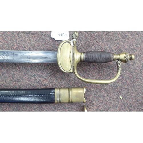 119 - A 19thC Continental style sabre with wire bound handgrip and lion's head pommel, the curved blade 31... 