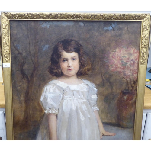 122 - John Adams - an Edwardian full length portrait, a little girl wearing a white dress and red shoes&nb... 