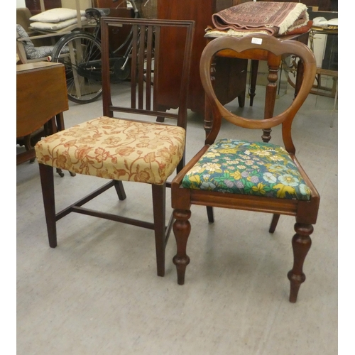 167 - An early 19thC mahogany framed and upholstered bar back dining chair, raised on square, tapered legs... 