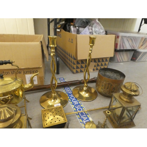 229 - Metalware: to include a pair of lacquered brass candlesticks with open twist stems  16