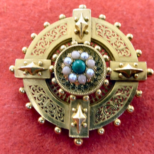 234 - A late Victorian yellow metal brooch, set with coral, seed pearls and jade