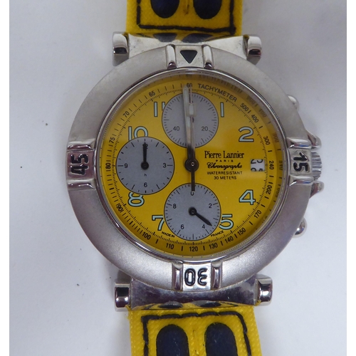 236 - A Pierre Lannier Cedric Pioline stainless steel cased quartz chronograph, the yellow Arabic dial, in... 