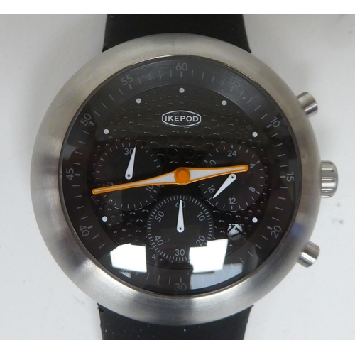 251 - An Ikepod Kickstarter stainless steel cased chronograph, faced by a black baton dial and three subsi... 