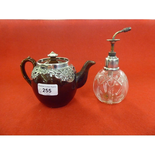 255 - Silver collectables: to include a three piece brown streaky glazed pottery tea set with silver mount... 