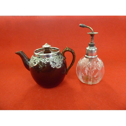 255 - Silver collectables: to include a three piece brown streaky glazed pottery tea set with silver mount... 