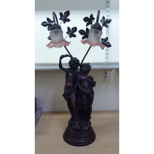 259 - A 20thC composition bronze effect table lamp, fashioned as two children, on a plinth  31