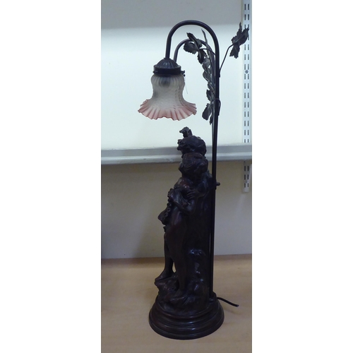 259 - A 20thC composition bronze effect table lamp, fashioned as two children, on a plinth  31