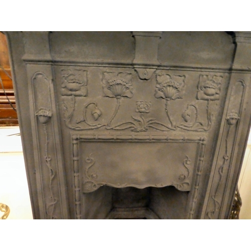 374 - An early 20thC cast iron fire surround and back, decorated in relief with flora  41