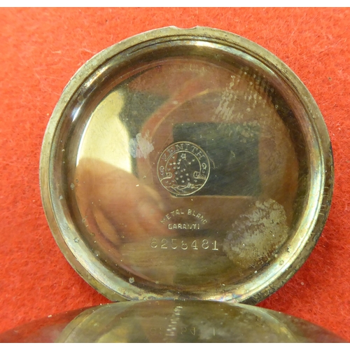 376 - A military issue Zennith base metal cased pocket watch, faced by an Arabic dial with subsidiary seco... 