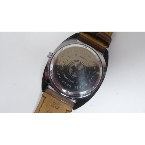 398 - A Favre-Leube Sandow stainless steel cased wristwatch, faced by a baton dial, on a tan hide strap