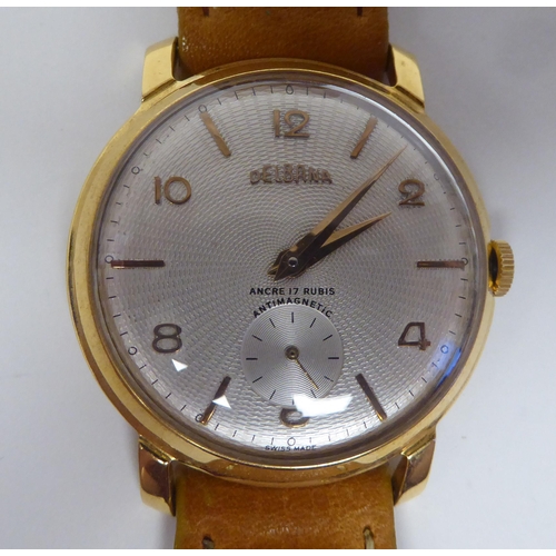 400 - A Delbana gold plated stainless steel, gold plated cased 17 jewel wristwatch, faced by a gilded Arab... 