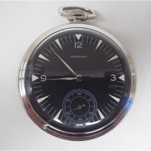 402 - A Longines slim stainless steel cased pocket watch, faced by an Arabic and baton dial, incorporating... 