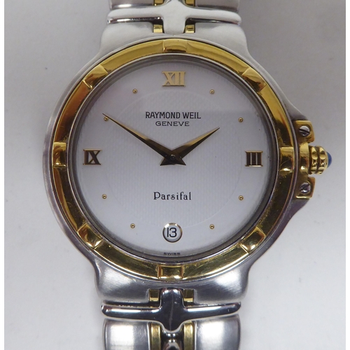 403 - A Raymond Weil Parsifal gold plated and stainless steel cased quartz bracelet wristwatch, faced by a... 