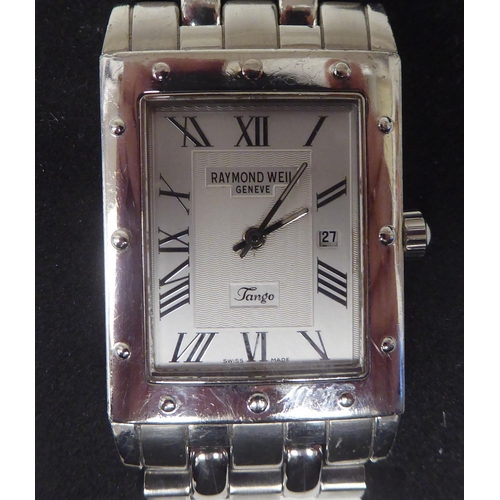 414 - A Raymond Weil Tango 5380 rectangular stainless steel cased bracelet wristwatch, faced by a Roman di... 