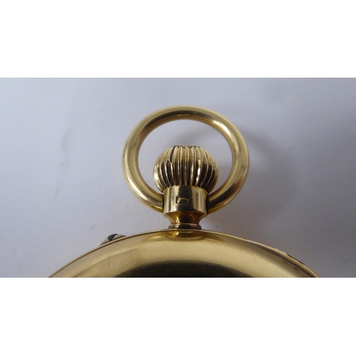 54 - An 18ct gold cased pocketwatch, the keyless movement faced by a white enamel Roman dial, incorporati... 