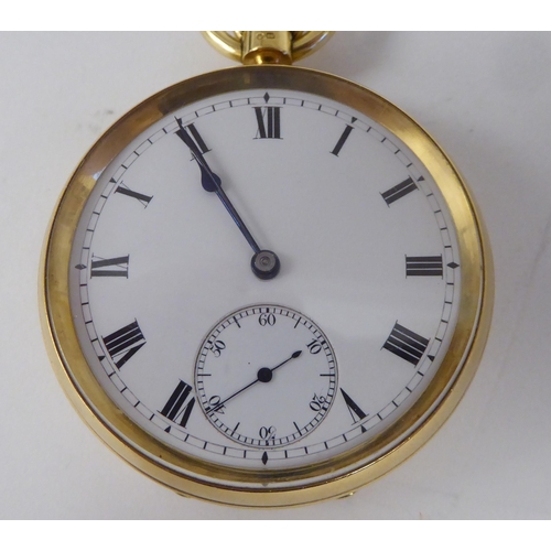 54 - An 18ct gold cased pocketwatch, the keyless movement faced by a white enamel Roman dial, incorporati... 