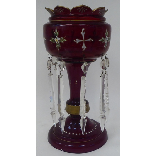 7 - A pair of late 19thC ruby coloured glass lustre vases with overpainted, enamelled ornament, the cast... 