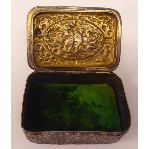 129 - A 19thC silver plated casket with straight sides and a hinged lid, embossed in classical taste with ... 