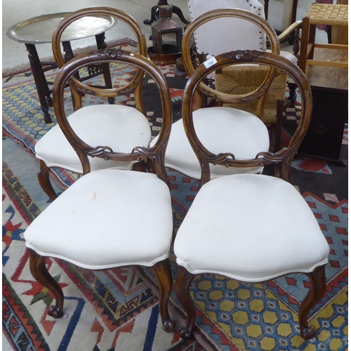 154 - Two similar pairs of late 19thC mahogany framed open back dining chairs, the later fabric covered se... 