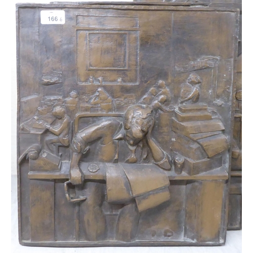 166 - Six similar composition bronze effect plaques: to include a legal practice office interior  14