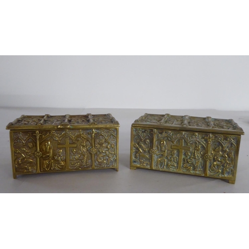 195 - A mixed lot: to include two 18thC inspired cast brass religious caskets  3