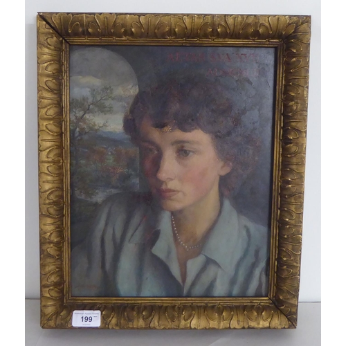 199 - 20thC British School - a head and shoulders portrait, a woman  oil on board  10