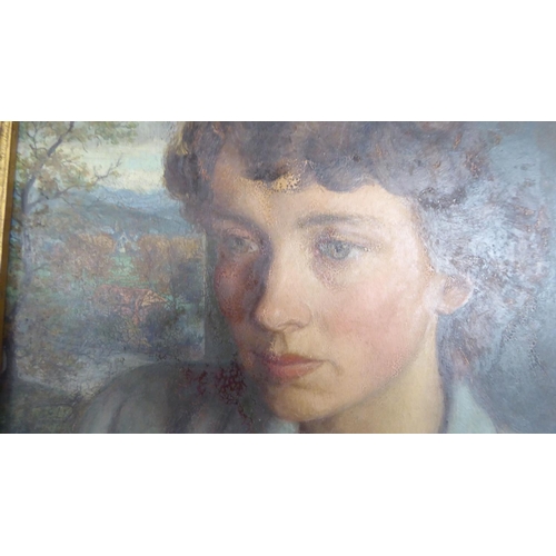 199 - 20thC British School - a head and shoulders portrait, a woman  oil on board  10