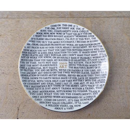 256 - After Sir Grayson Perry - '100% Art' printed china plate  bears a stamp verso, produced for The Holb... 