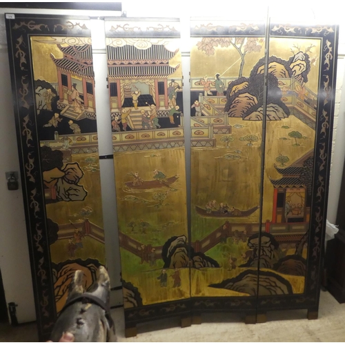 278 - A modern Japanese black painted four fold room screen, each panel decorated with a veranda setting&n... 