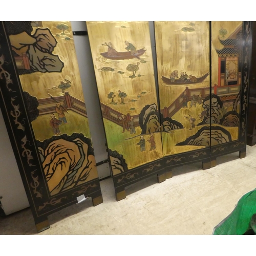 278 - A modern Japanese black painted four fold room screen, each panel decorated with a veranda setting&n... 