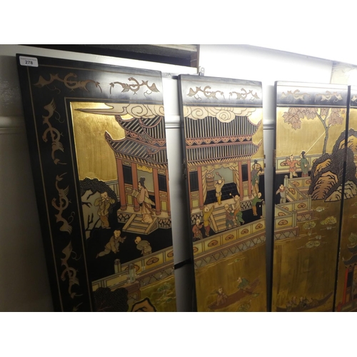 278 - A modern Japanese black painted four fold room screen, each panel decorated with a veranda setting&n... 