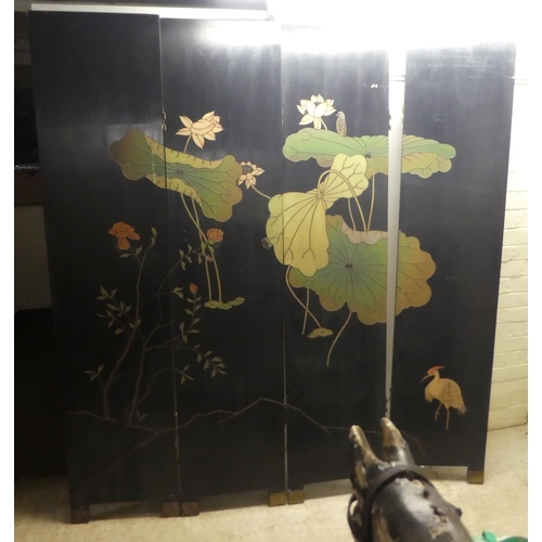 278 - A modern Japanese black painted four fold room screen, each panel decorated with a veranda setting&n... 