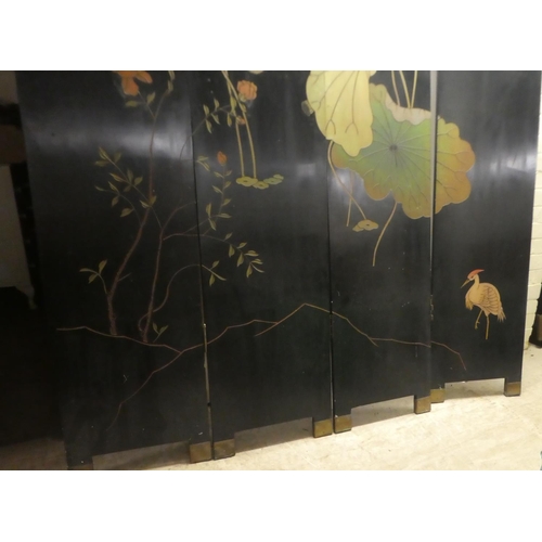 278 - A modern Japanese black painted four fold room screen, each panel decorated with a veranda setting&n... 