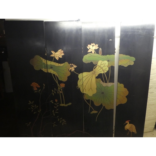 278 - A modern Japanese black painted four fold room screen, each panel decorated with a veranda setting&n... 