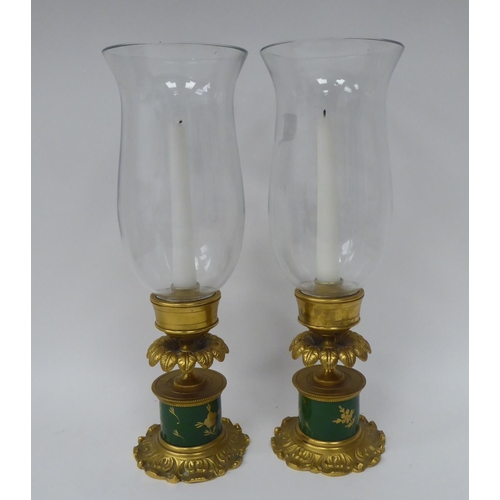 284 - A pair of modern antique French reproduction porcelain cast gilt brass and glazed candlesticks  13.5... 