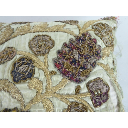 290 - A 20thC foliate patterned embroidered scatter cushion with coloured threads