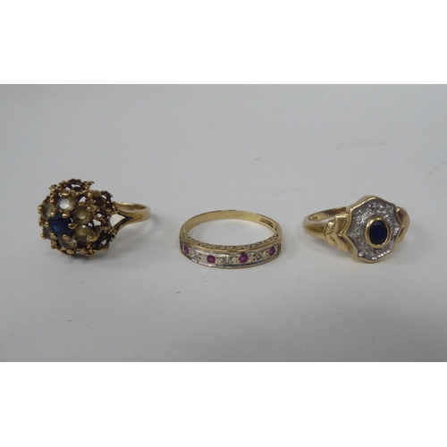 299 - Three 9ct gold rings, one set with alternating diamonds and rubies 