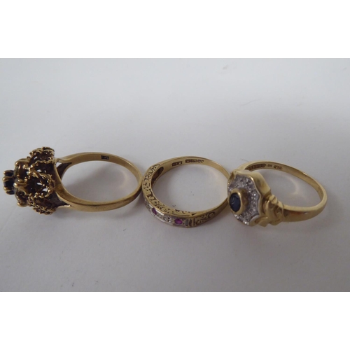 299 - Three 9ct gold rings, one set with alternating diamonds and rubies 