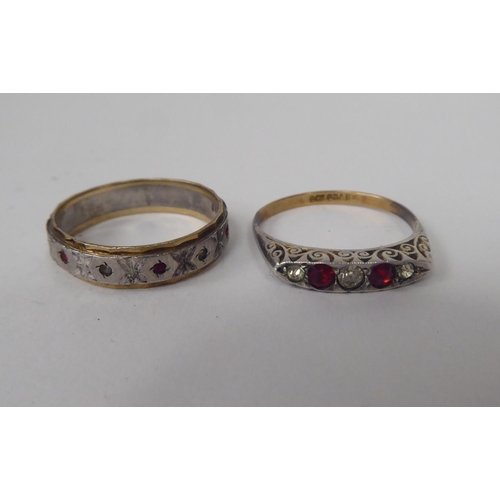 304 - Two bi-coloured 9ct gold rings, one set with multi-coloured stones 