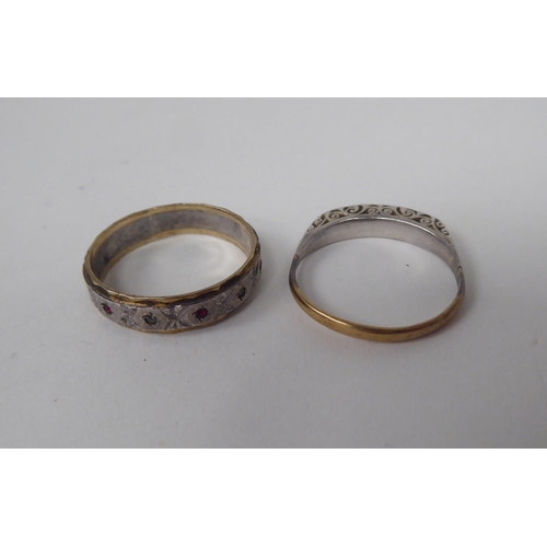 304 - Two bi-coloured 9ct gold rings, one set with multi-coloured stones 