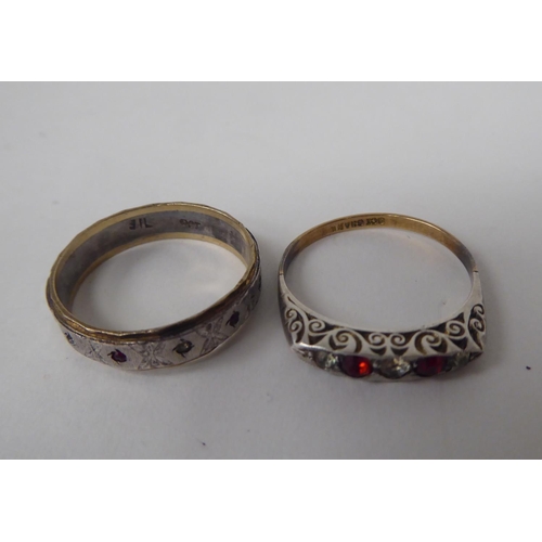 304 - Two bi-coloured 9ct gold rings, one set with multi-coloured stones 