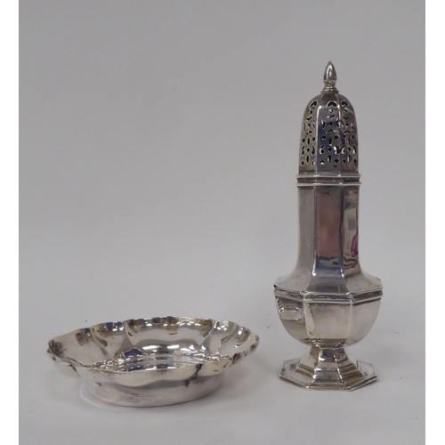 315 - Silver collectables, viz. a sugar caster  marks rubbed; and a dish  4