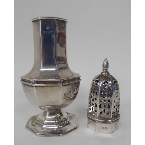 315 - Silver collectables, viz. a sugar caster  marks rubbed; and a dish  4