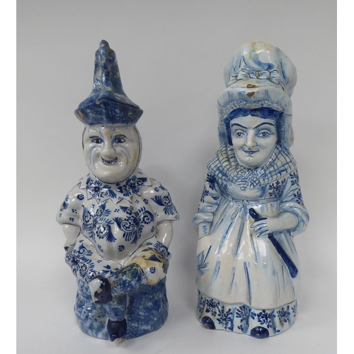 325 - Two mid 19thC Continental tin glazed earthenware character jugs 'Punch' and 'Judy'  12