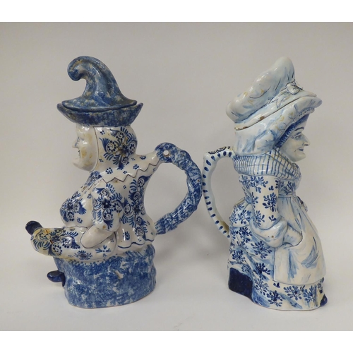 325 - Two mid 19thC Continental tin glazed earthenware character jugs 'Punch' and 'Judy'  12