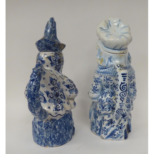 325 - Two mid 19thC Continental tin glazed earthenware character jugs 'Punch' and 'Judy'  12